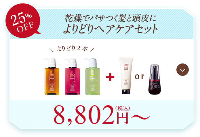 乾燥でパサつく髪と頭皮に「よりどりヘアケアセット」　セット内容を見る