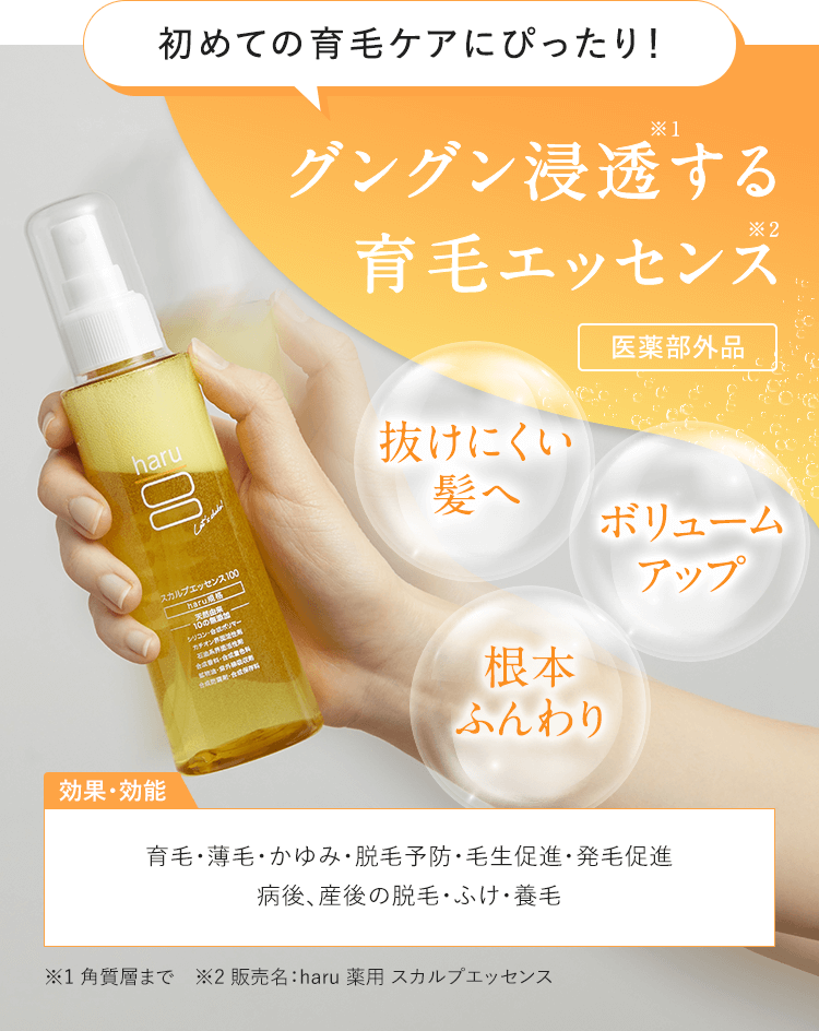初めての育毛ケアにぴったり！グングン浸透※1する育毛エッセンス※2医薬部外品 抜けにくい髪へ ボリュームアップ 根本ふんわり 効果・効能 育毛・薄毛・かゆみ・脱毛予防・毛生促進・発毛促進・後、産後の脱毛・ふけ・養毛 ※1 角質層まで　※2 販売名：haru 薬用 スカルプエッセンス