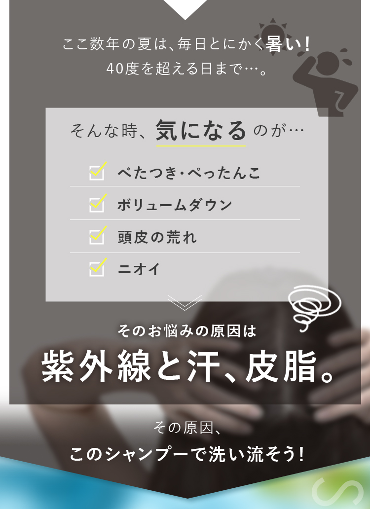 紫外線と汗、皮脂。その原因、このシャンプーで洗い流そう！