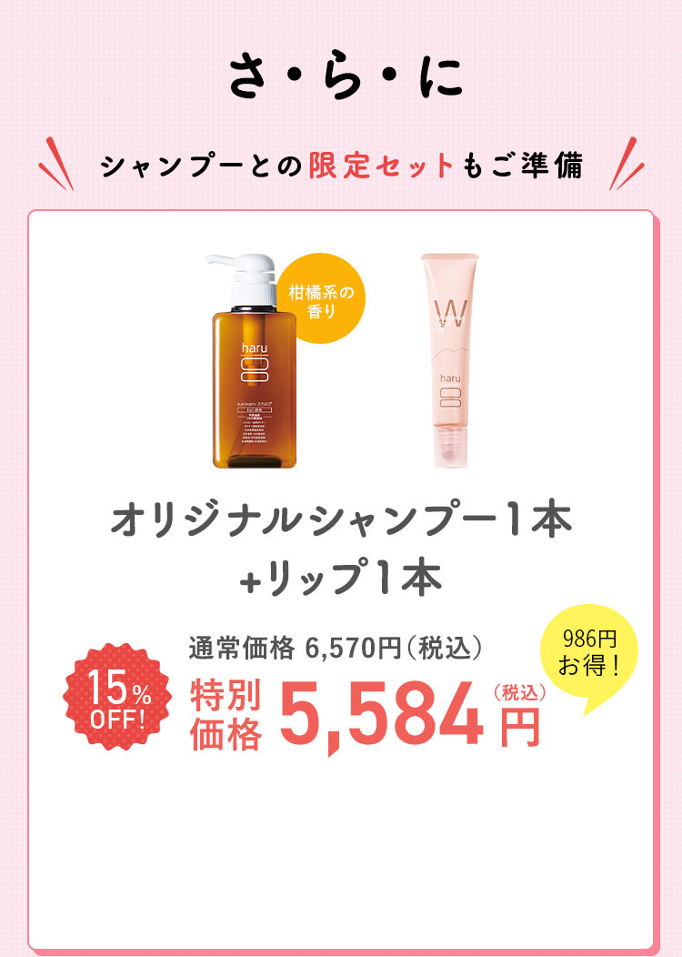 シャンプーとの限定セットもご準備 オリジナルシャンプー1本+リップ1本 特別価格 5,584円（税込）